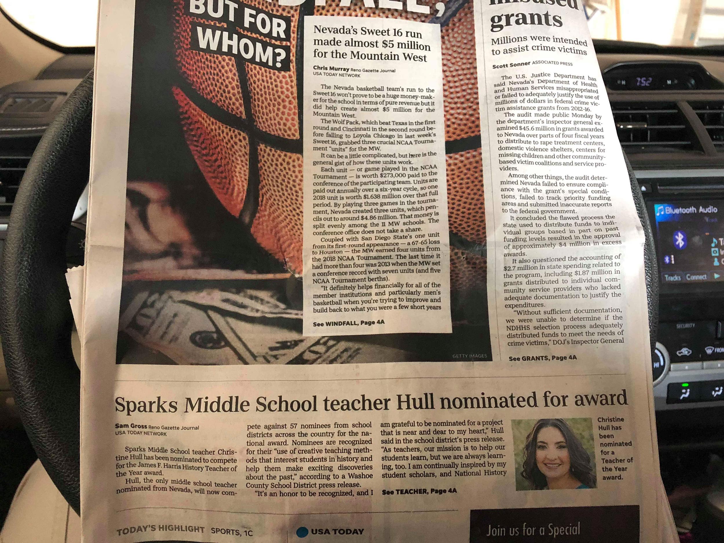 Article from the Reno Gazette Journal on March 23, 2018, Christine Hull nominated for the James F. Harris History Teacher of the Year award